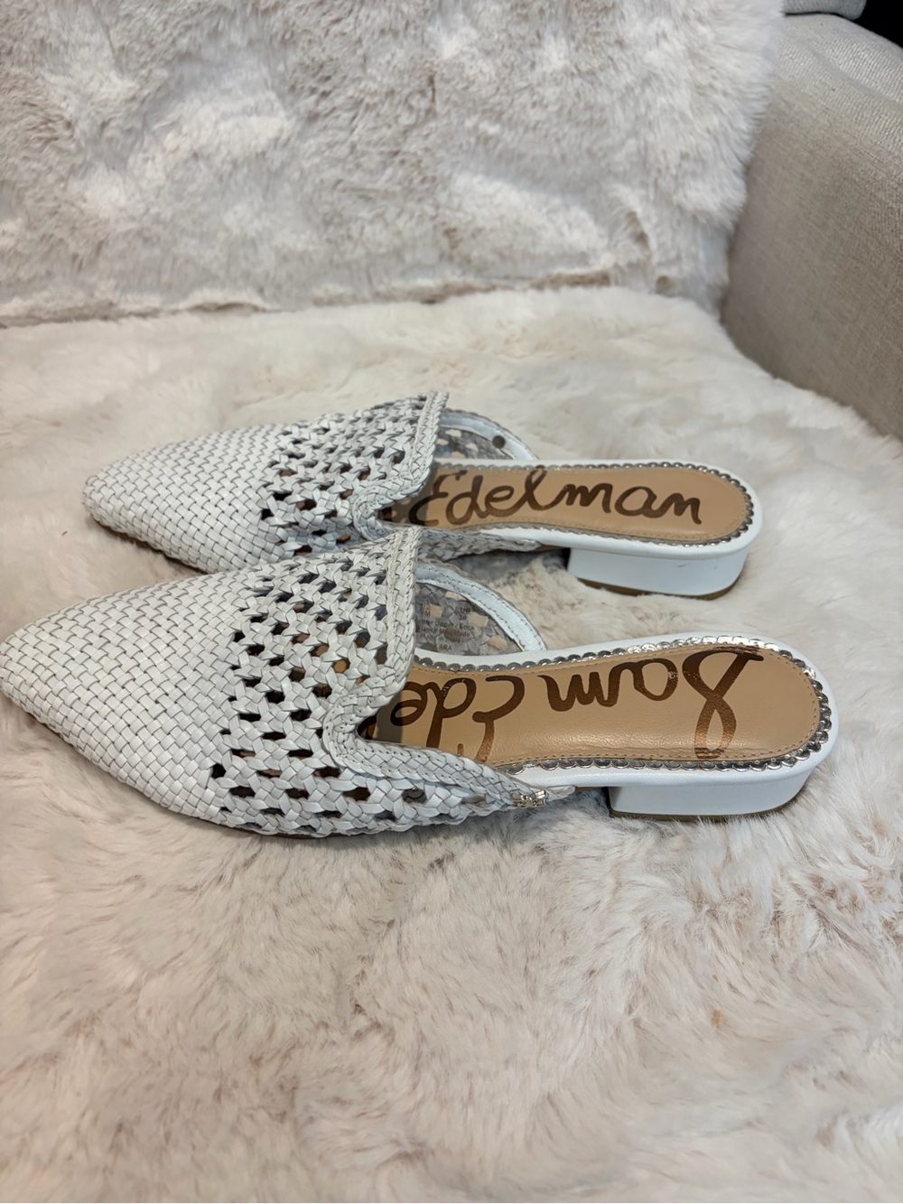Sam Edelman White Woven Pointed-Toe Slingback Mules - Picture 2 of 5